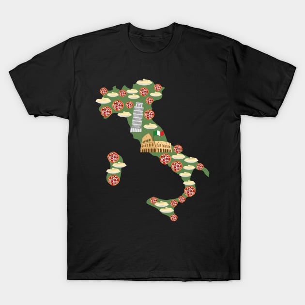 Italy Map with Pizza T-Shirt by JAG2B